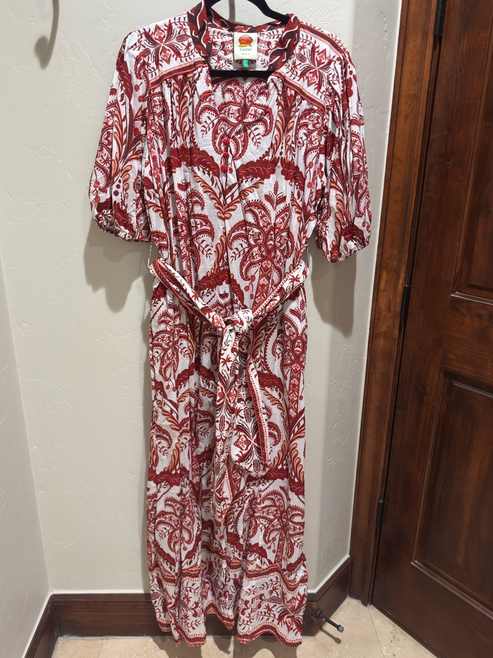 FARM Rio Red and White Paisley Tie-Waist Maxi Dress